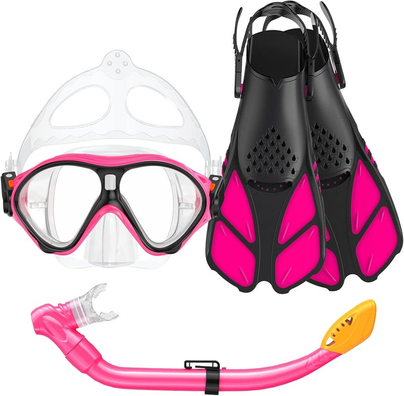 Seovediary Kids Snorkel Set, Mask Fins Snorkeling Gear for Kids Anti-Fog Swim Goggles 180 Panoramic View Dry Top Snorkel and Dive Flippers Combo with Travel Bag for Snorkeling Training Swimming Diving - Image 1